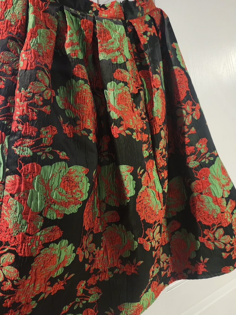 Black A-Line Floral Skirt with Red and Green Brocade